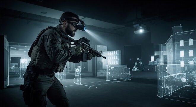 Man in tactical gear on a shooting range with a rifle and night vision goggles, virtual reality training simulation.