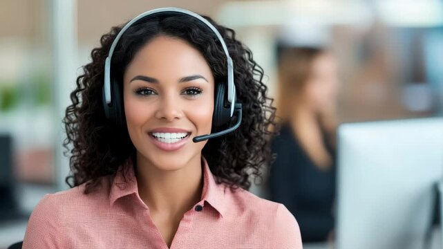 Cheerful customer support agent engaging with happy caller in modern office setting