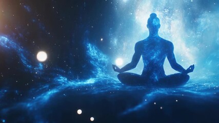  of a peaceful meditating figure, set within the backdrop of an infinite cosmos. This  suggests themes of spirituality, inner tranquility, and the vastness of space.
