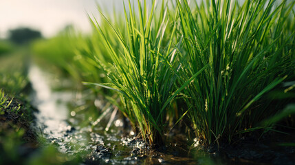 Obraz premium A field of green grass with a small stream running through it