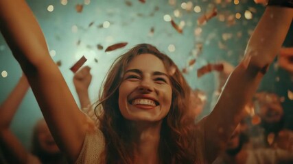 A woman laughing and enjoying a music concert with confetti being thrown into the air. A celebratory mood is conveyed by her joyful expression and the crowd's collective happiness.