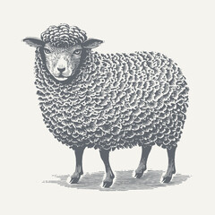 Detailed black and white illustration showcasing a sheep, highlighting its woolly texture of it's fur.