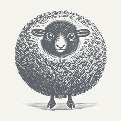 A charming black and white illustration features a fluffy sheep with an endearing gaze.