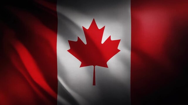 Cinematic slow-motion video of the Canadian flag waving in the wind on a dark dramatic background, showing fabric texture and national colors, patriotic stock footage, AI-generated
