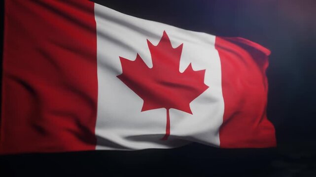 Cinematic video of Canadian flag waving in slow motion on a dark dramatic background, close-up fabric texture, patriotic national symbol of Canada, professional stock footage, AI-generated
