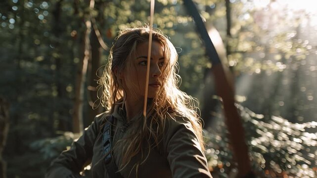 Archer aiming with bow and arrow in forest