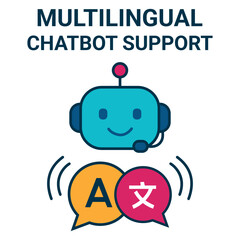 Multilingual Chatbot Vector Illustration – Language Translation AI Support Icon with Speech Bubbles