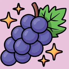 Fototapeta premium Clean and modern vector illustration of purple grapes with leaves and stars for healthy eating and fruit design use 100