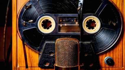 Condenser Microphone and Vintage Reel-to-Reel Tape Recorder