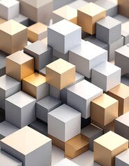 Abstract geometric cubes in various shades of gold, gray, and white