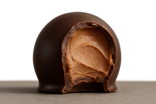 Round chocolate candy with filling on transparent background