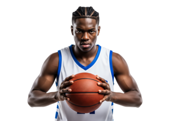 Determined young male basketball player holding a ball, wearing a blue and white jersey