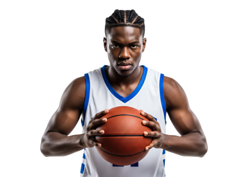 Determined young male basketball player holding a ball, wearing a blue and white jersey