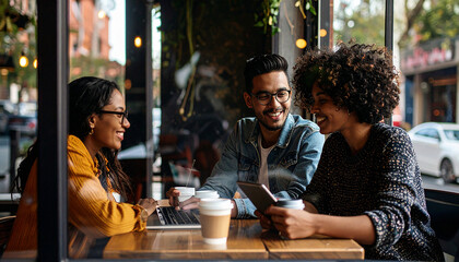 Young colleagues working together in a cafe, 300 dpi, widescreen 16:9, with free space for text