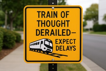 Train of thought derailed sign suggesting to expect delays