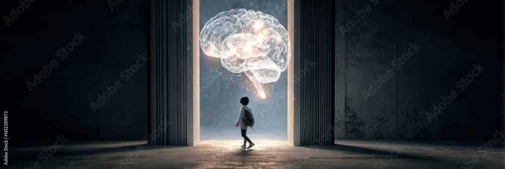 Poster child walks into a magical book portal towards a glowing brain world filled with knowledge and wonde