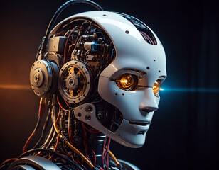 The robot's head is half open, with wires and mechanisms visible inside.