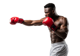 Dynamic African American Boxer Delivering a Powerful Punch in Red Gloves