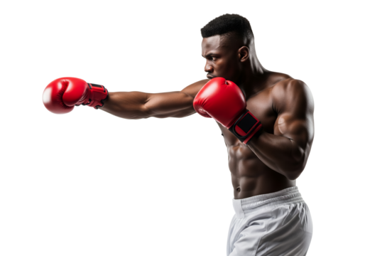 Dynamic African American Boxer Delivering a Powerful Punch in Red Gloves