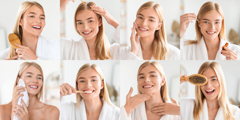 A woman engages in her beauty pampering routine, smiling while brushing her hair, applying skincare...