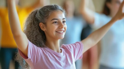 Joyful young woman participating in group exercise class
