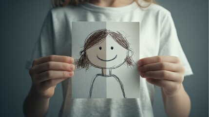 Adult Holds Childhood Drawing of Happy Stick Figure, Expressing Nostalgia and Connection to the Inner Child, Soft Glow in a Minimalistic Setting