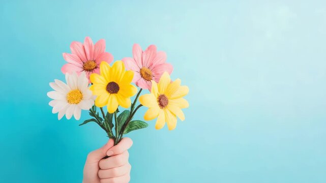 Hand holding colorful flowers against blue background