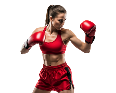 Powerful female boxer in red gear striking a dynamic pose, ready for combat with intense focus.