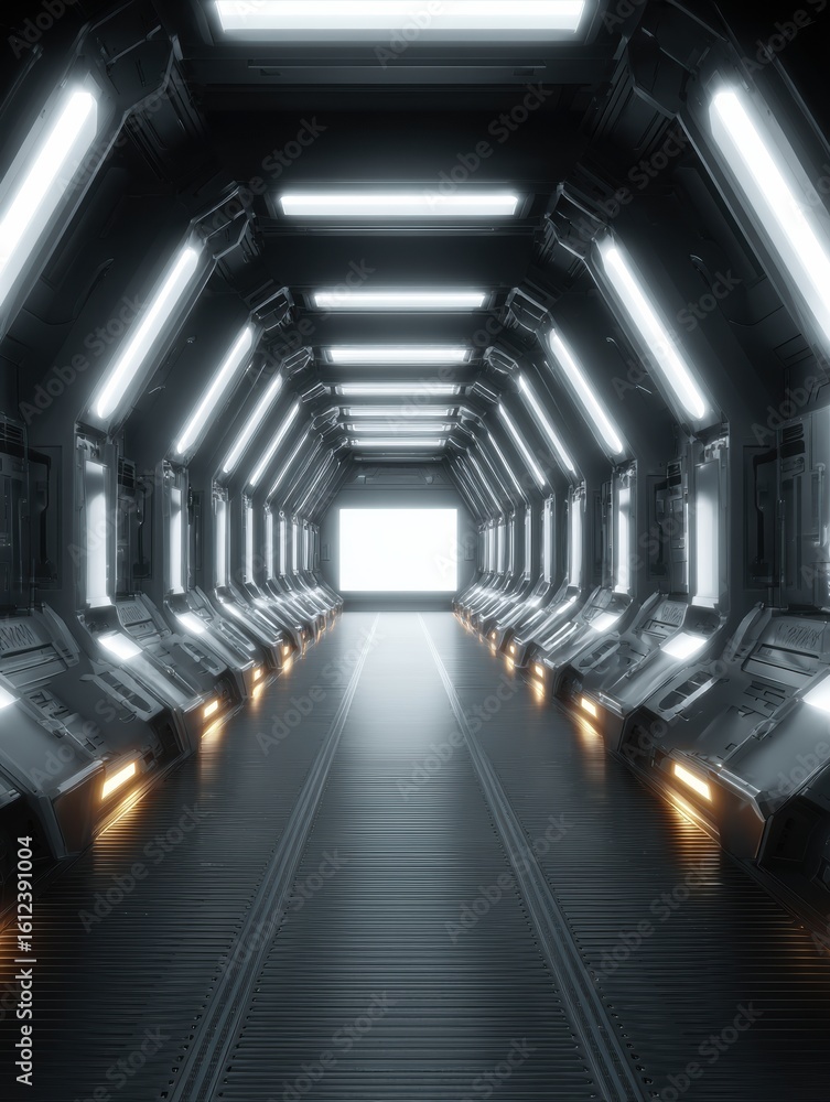 Poster led sign mockup glowing in a sci-fi corridor showcasing futuristic design and empty text area for cu