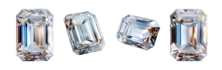 Set of four emerald-cut diamonds with enhanced facet clarity, blue color flashes and white brilliance reflections, rendered in high resolution and isolated on transparent background	
