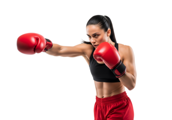 Powerful female boxer striking a dynamic punch with focus and determination in a studio setting