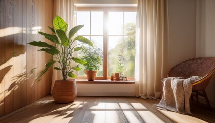 a cozy room with a potted plant and natural light from the window