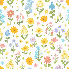 Seamless ditsy patterns with various wild meadow flowers. Сolourful cute floral summer backgrounds.