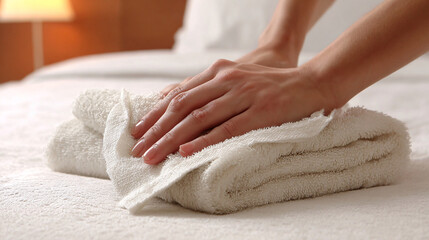 Towel Folding Elegance: A close-up of hands elegantly folding a pristine white towel, highlighting the art of neatness and the allure of a well-prepared space.
