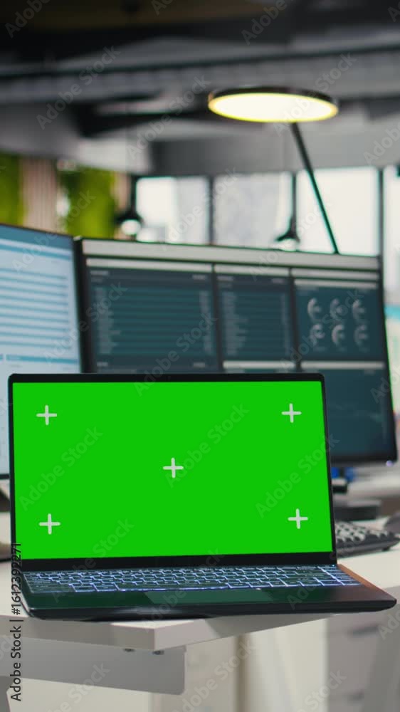 Poster vertical video empty office environment showcases modern tools of chroma key and resources essential