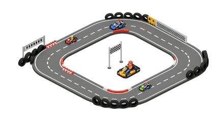 Isometric illustration of a go-kart race on a circuit track with competitors racing for the finish line