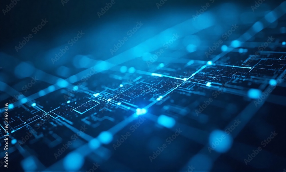 Poster futuristic blue digital landscape featuring glowing lines and interconnected nodes, symbolizing adva