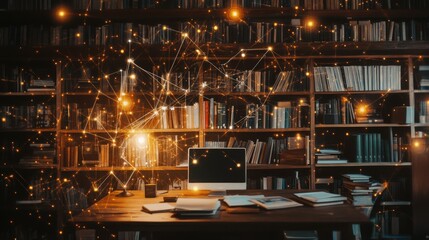 A study room filled with books and a glowing network.