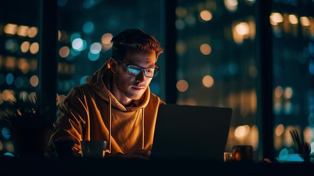 Focused freelancer working late on laptop in urban apartment at night