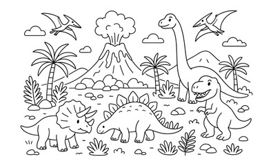 Dinosaur landscape with prehistoric creatures in black and white line art