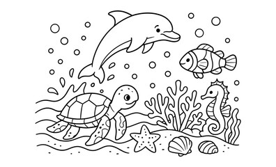 Fototapeta premium Marine life coloring page with dolphin, fish, turtle, seahorse, coral, and shells for kids