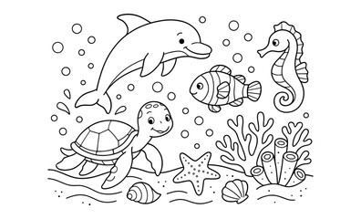 Fototapeta premium Playful ocean animals line art coloring page for kids