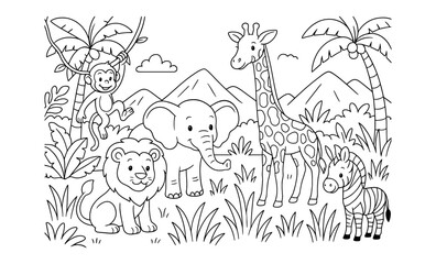 Cute jungle animals in black and white line art for kids' coloring activity