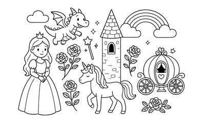 Whimsical fairy tale elements: princess, unicorn, dragon, and castle