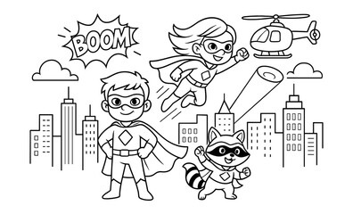 Superhero kids in action: fun coloring page with cartoon cityscape and helicopter