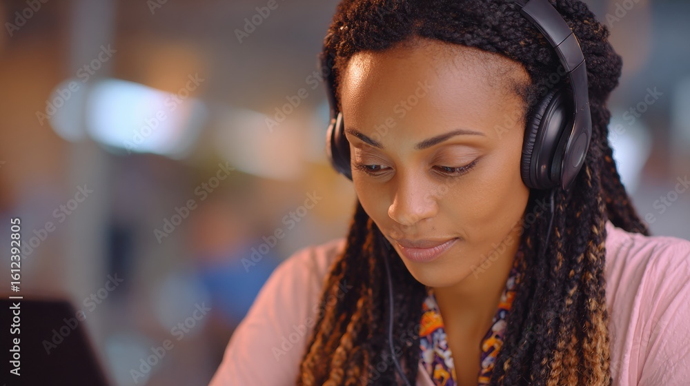 Aufkleber student wearing headphones focuses intently on a tablet while studying in a busy environment with a 