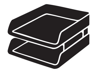 Black silhouette of stackable office document trays isolated on white background, graphic illustration. Concept of paper organizer, office desk accessory, document storage, workplace organization