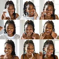 A cheerful individual demonstrates an effective skin care routine in a bright setting, engaging in...