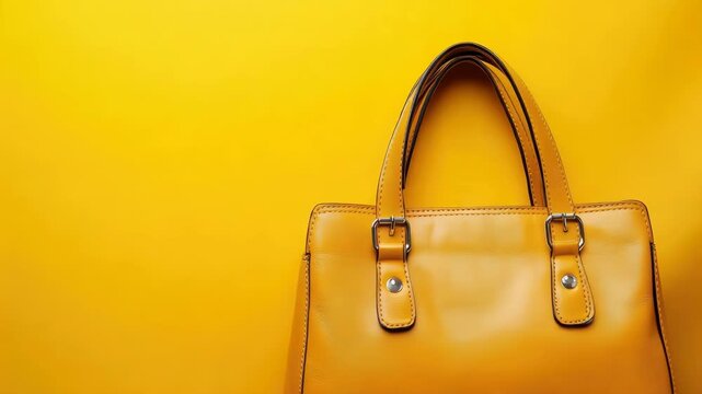 Stylish yellow handbag on vibrant background, close-up