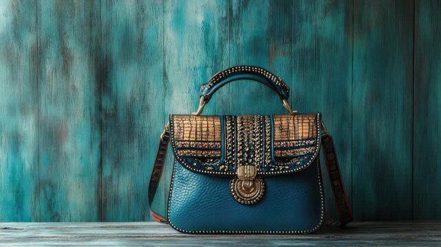 Blue leather handbag with intricate patterns and gold accents on rustic blue wooden background